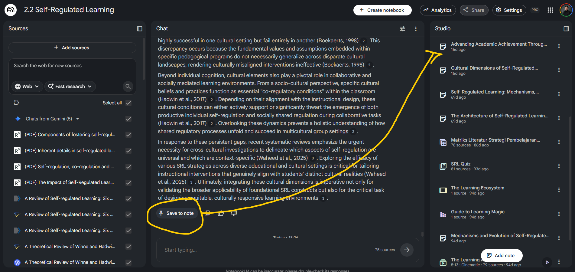 NotebookLM chat showing the Save to note button and the Studio panel where notes can be converted to sources