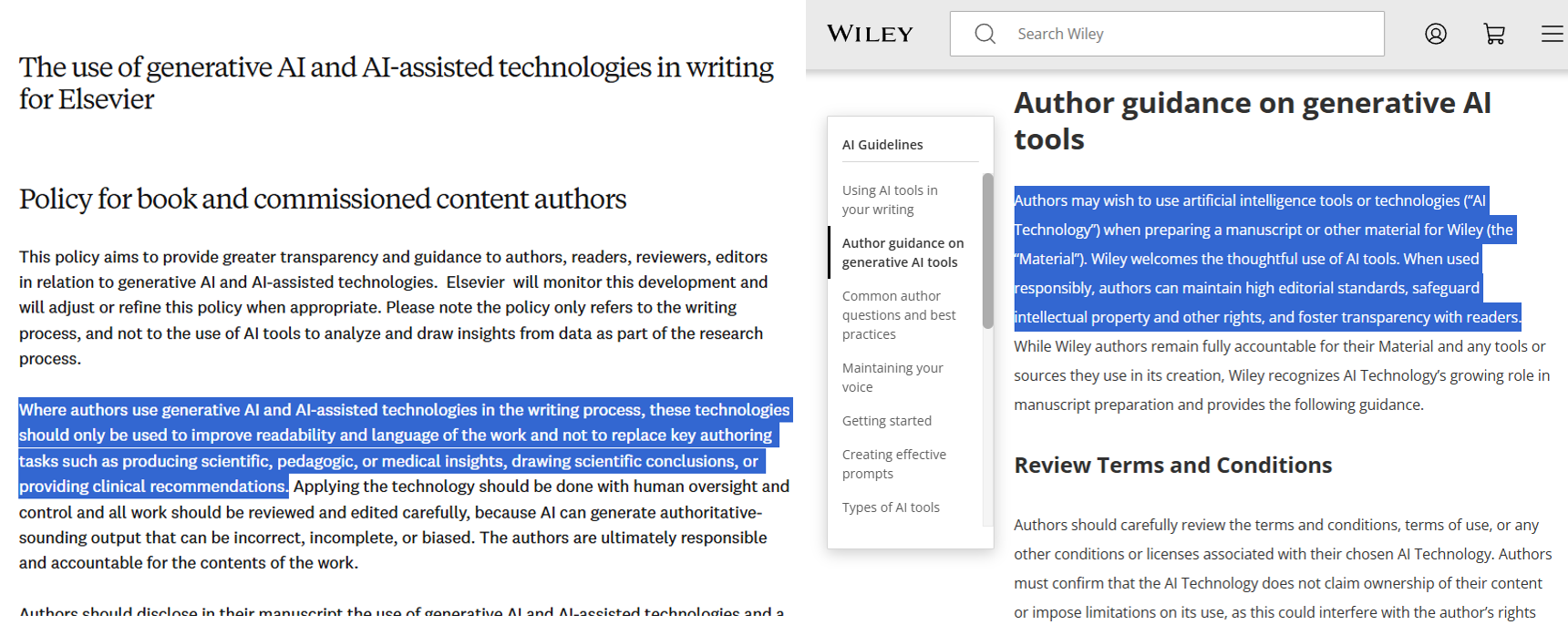 Elsevier and Wiley author guidance: generative AI may be used to improve readability and language, with human oversight; authors remain accountable.