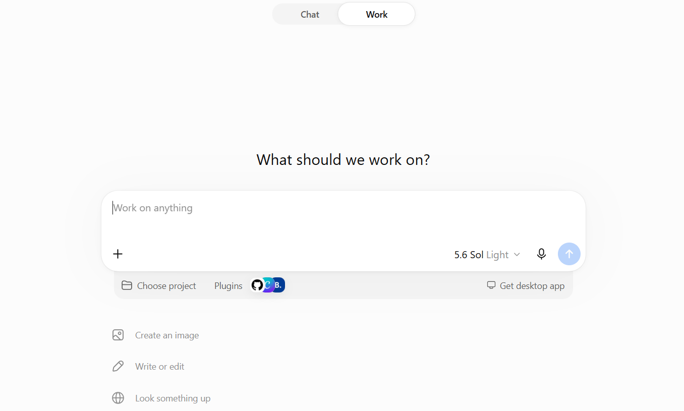 ChatGPT Work interface showing the Work tab with a prompt box and starter options