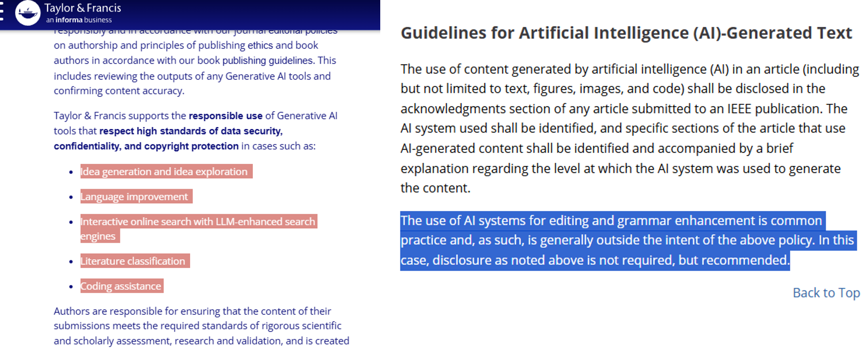 Taylor & Francis and IEEE author guidance: responsible use of generative AI for idea exploration, language improvement, literature classification and grammar editing, with disclosure.