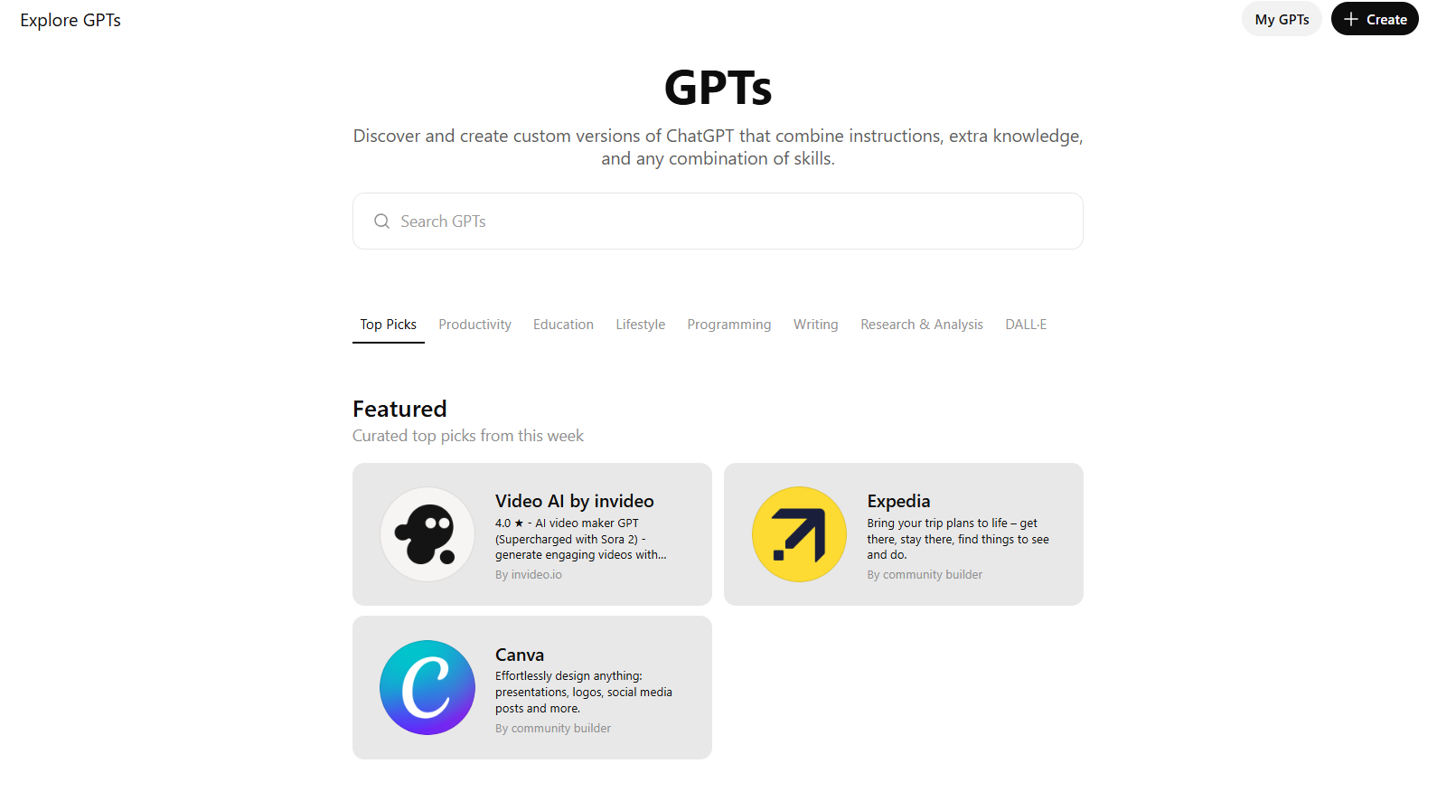 ChatGPT's Explore GPTs page showing featured Custom GPTs