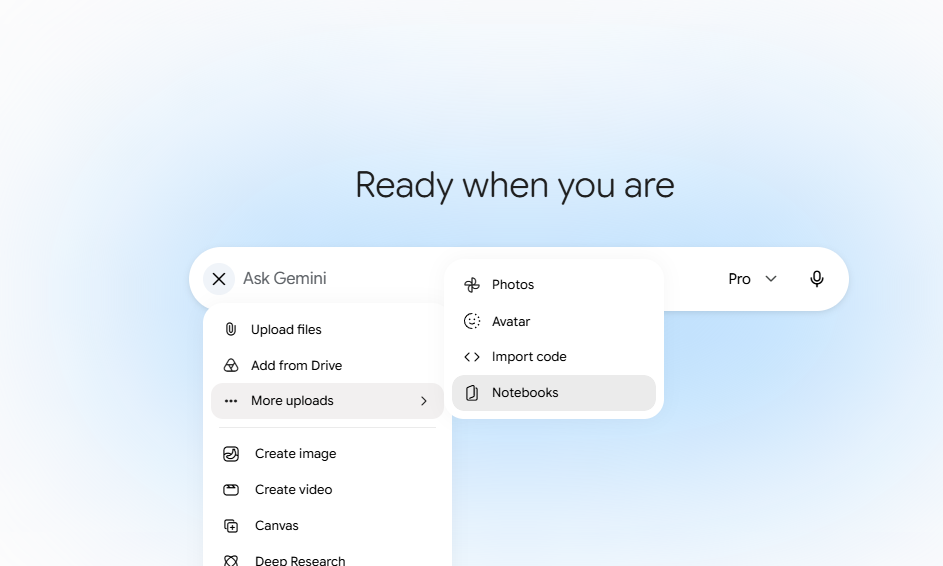 Gemini's More uploads menu showing the Notebooks option for linking with NotebookLM