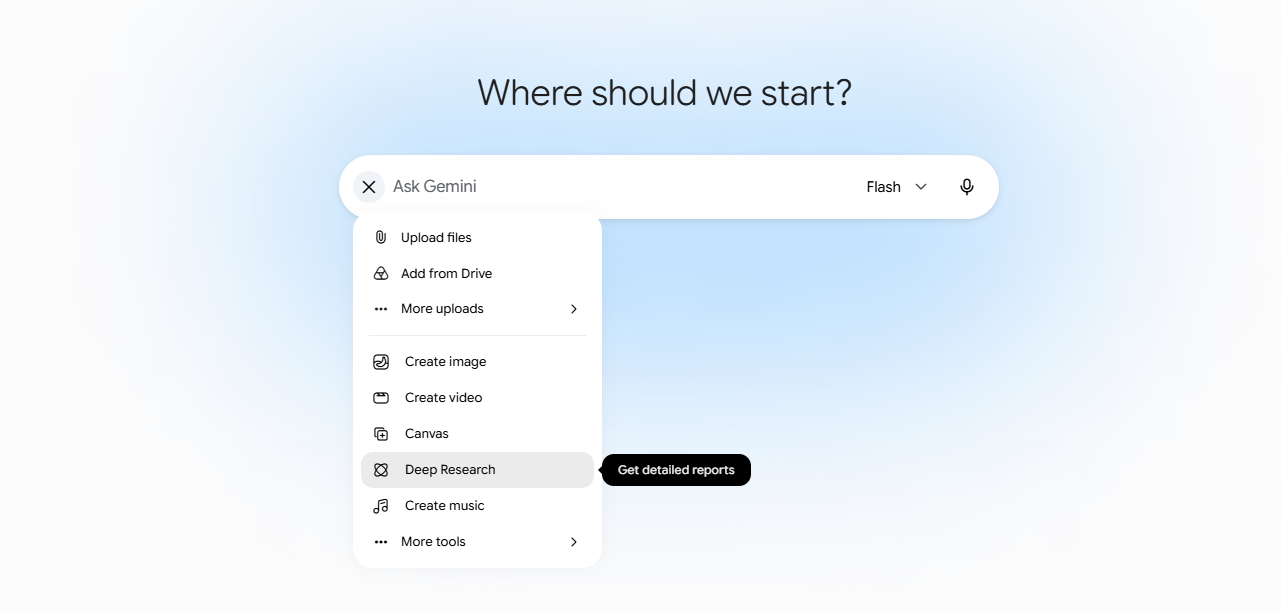 Gemini's prompt menu showing the Deep Research option