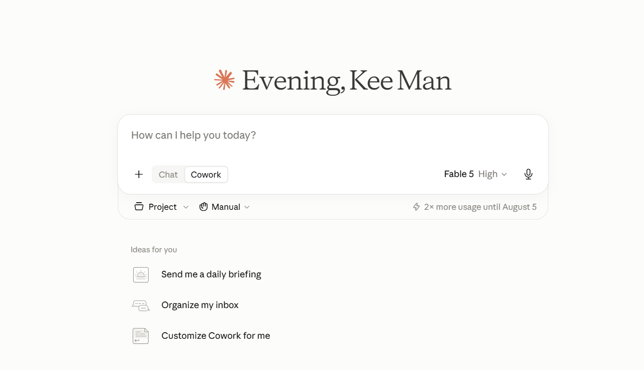 Claude CoWork interface showing the Cowork tab with starter ideas and project options