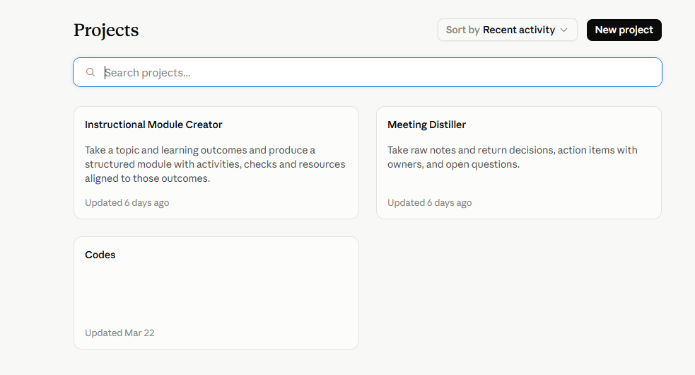 Claude's Projects page listing user projects