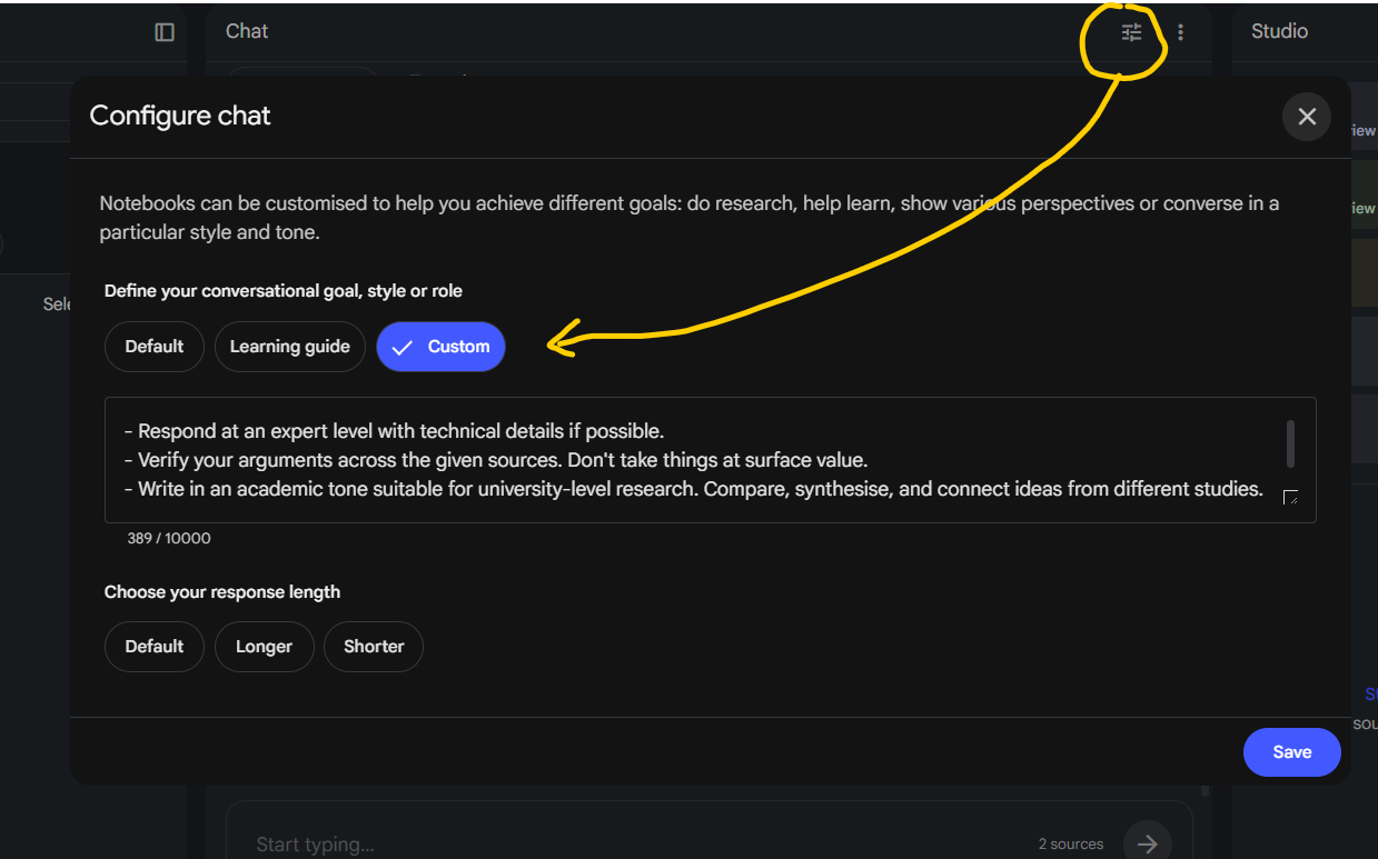 NotebookLM Configure Chat panel showing a custom research-writing instruction