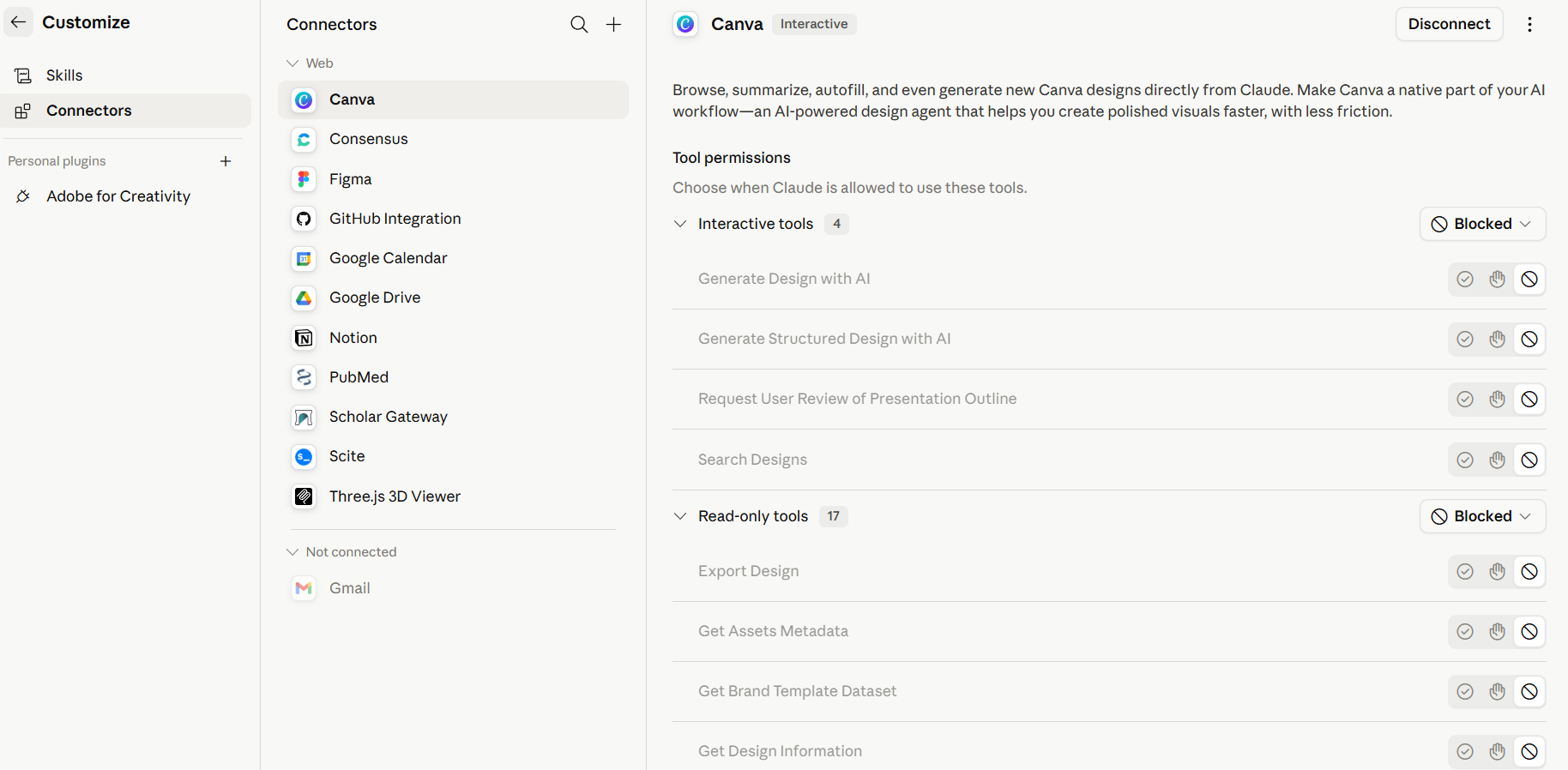 Claude Customize → Connectors panel showing the Canva connector with Interactive and Read-only tool permissions