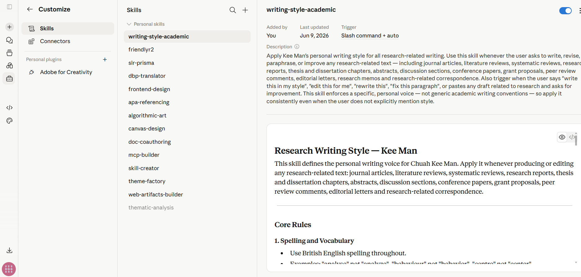 Claude Desktop Customize panel showing the Skills list and the writing-style-academic skill