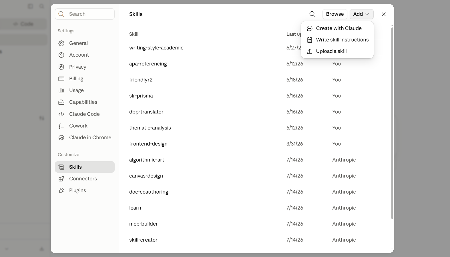 Claude Desktop Customize panel showing the Skills list and the writing-style-academic skill