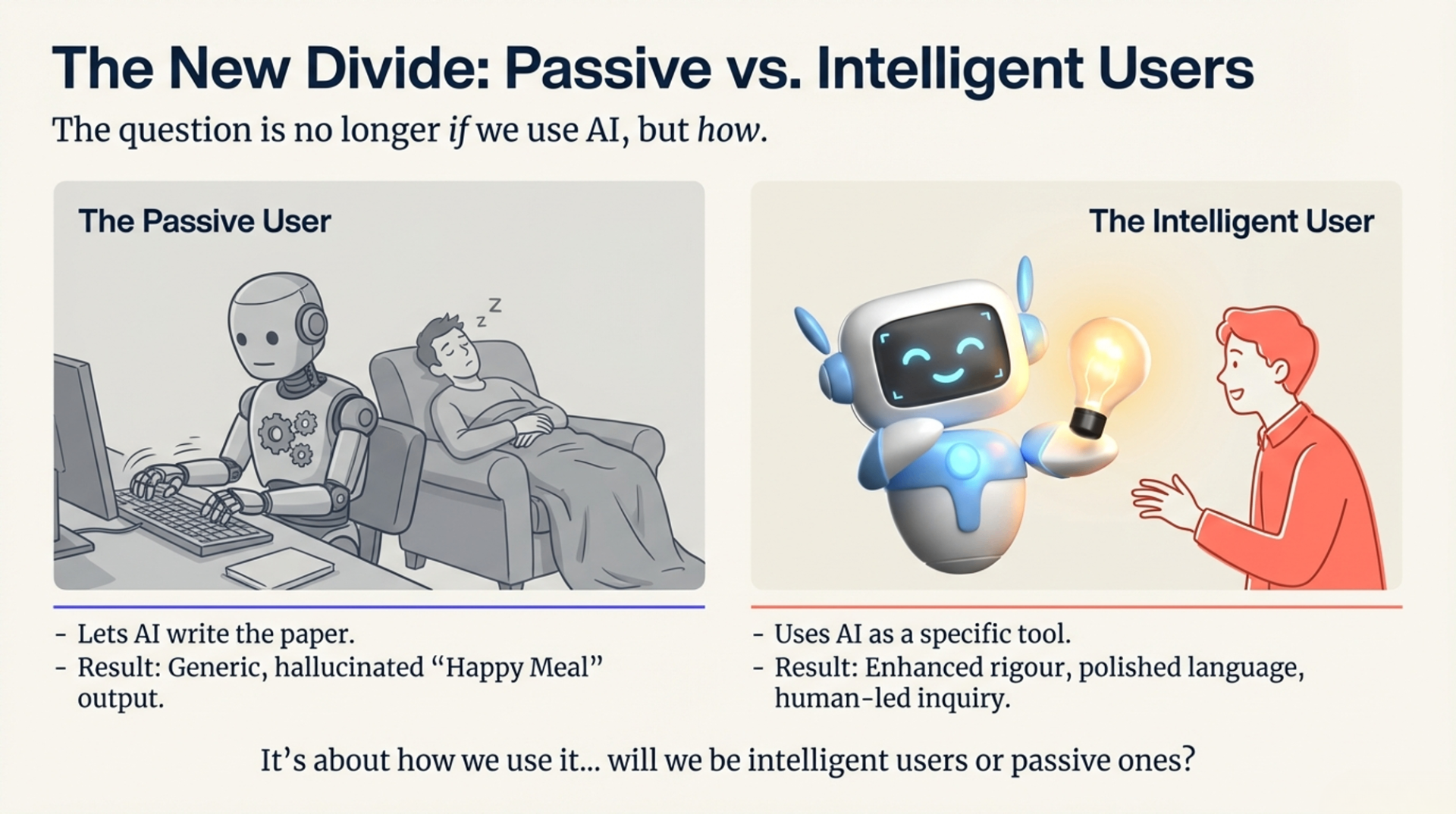 The new divide: passive users let AI write the paper and get generic, hallucinated output; intelligent users treat AI as a specific tool for enhanced rigour and human-led inquiry.